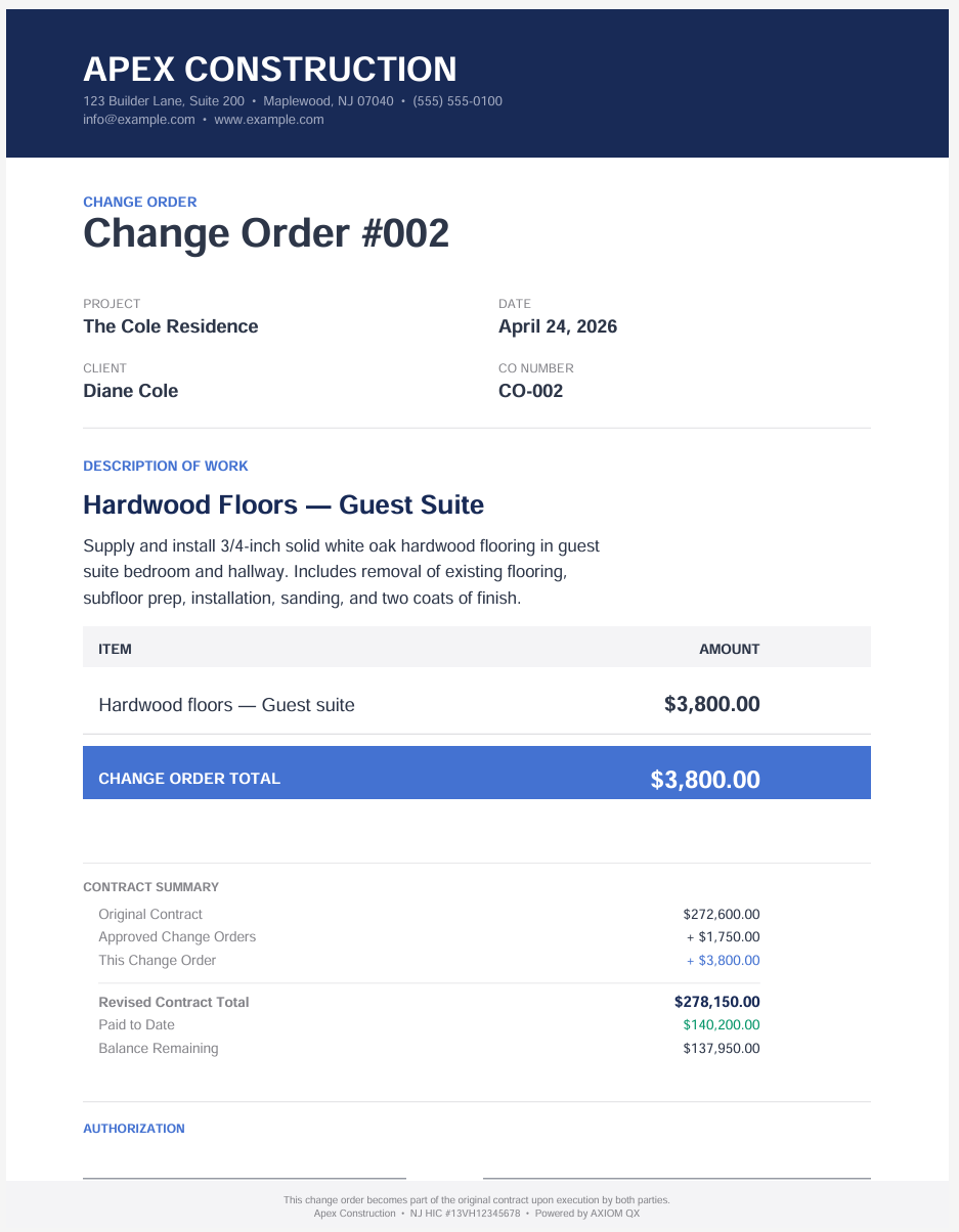 Second change order example with line items