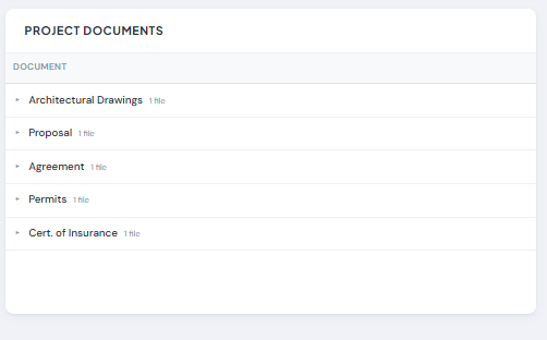 Project Documents view - plans, permits, and details with NEW badges