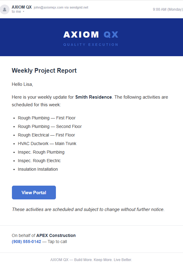 Weekly report email - every Monday at 9 AM with the week's scheduled activities
